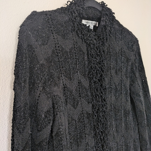 Vintage Y2K Nine West Black Velour Cardigan sz M Fringe Grunge Whimsigoth Punk - Picture 5 of 11